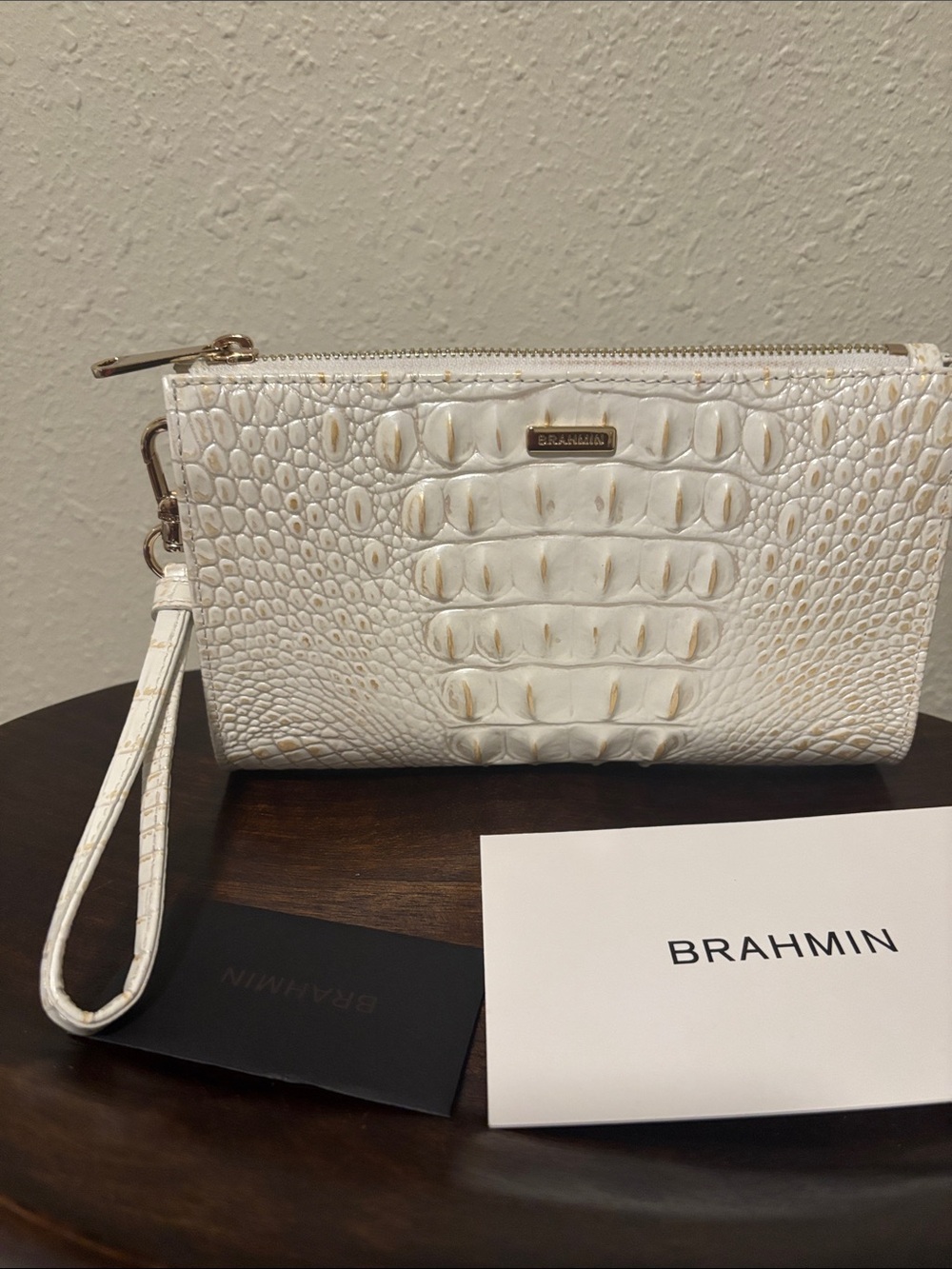 BRAHMIN White Croc-Embossed Wristlet
